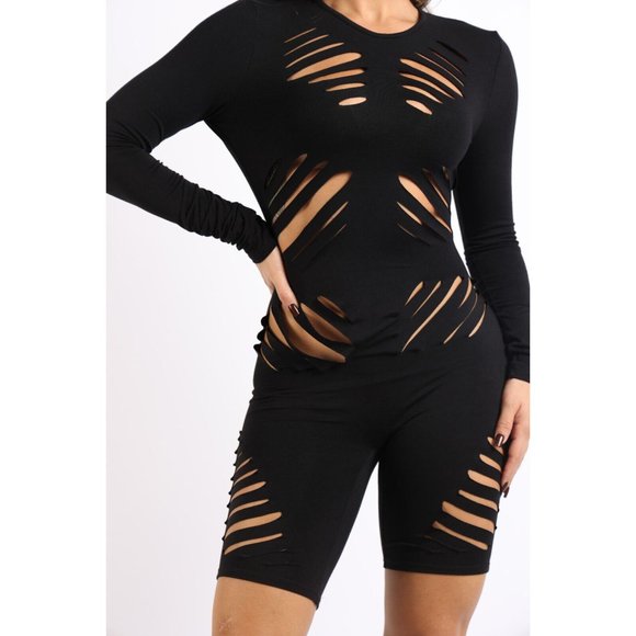 Women's Sexy Romper Die Cut Detailed Long Sleeve Open Back Jumpsuit Party Club - Picture 2 of 9
